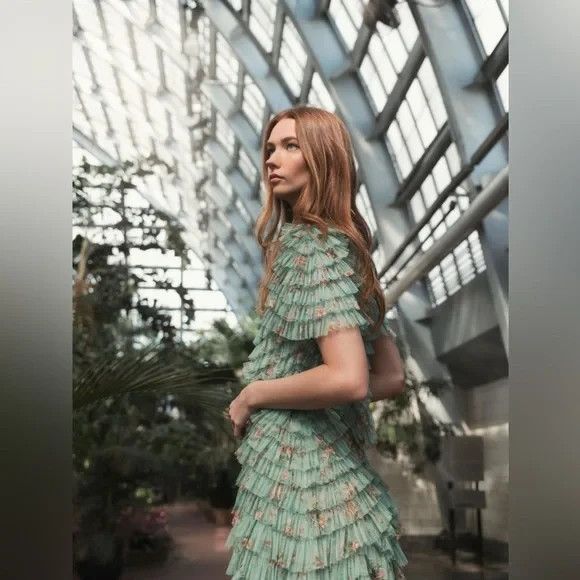 Mac Duggal 8014 Green Floral Mesh Ruffle High Neck Midi Dress NWT $798 - Picture 4 of 9